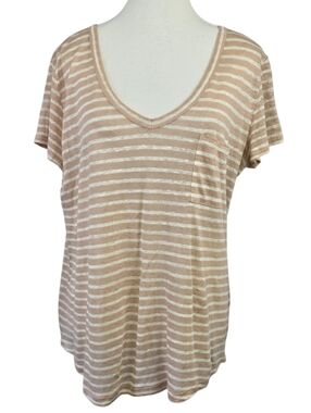 Paige Linen Striped V-Neck Pocket Tee Cream & Tan Size L Lightweight Casual Top